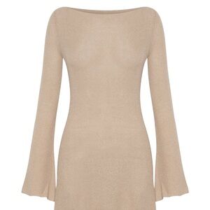 MESHKI Zahra Long Sleeve Open Back Mini Knit Dress - Wheat